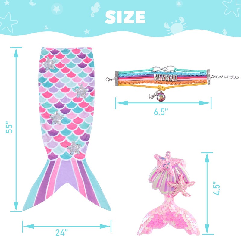 Wernnsai Mermaid Tail Blanket - Wearable Mermaid Soft Blanket with Glitter Stars Sequin Hairpin Bracelet for Girls Teens Pink Soft Flannel Snuggle Blanket 55 x 24 Gift for Birthday Christmas  - Image 4