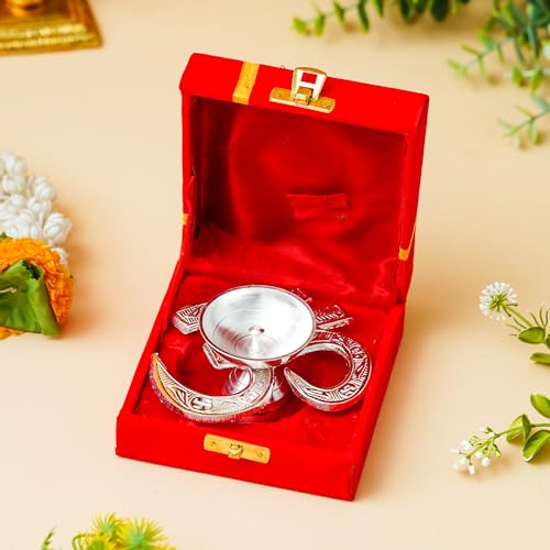 Webelkart Antique Om Silver Akhand Diya with Velvet Box for Pooja Decor | Diya for Diwali| Oil Lamp for Home( 4.5" Inches) - Image 1