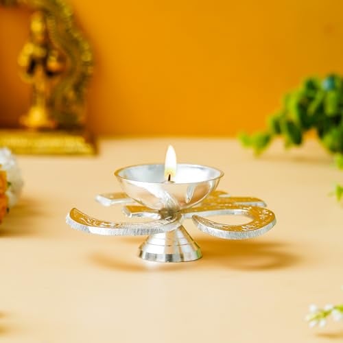 Webelkart Antique Om Silver Akhand Diya with Velvet Box for Pooja Decor | Diya for Diwali| Oil Lamp for Home( 4.5" Inches) - Image 2