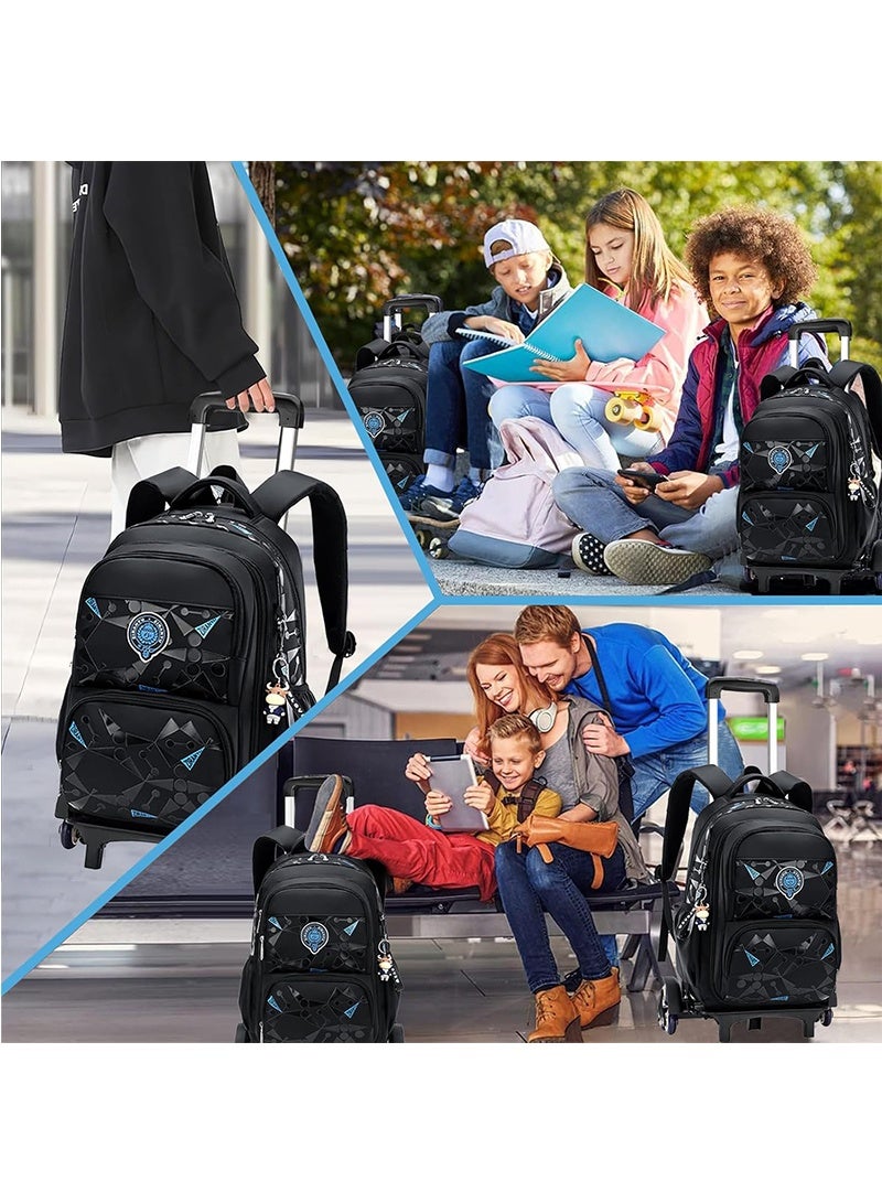 Trolley School Bag for Boys, Rolling School Backpack With 6 Wheels, Side-Opening Waterproof School Bag For 15.6inch Laptop, School and Travel(Black)