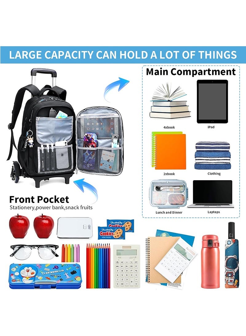 Yoawllty Trolley School Bag for Boys, Rolling School Backpack With 6 Wheels, Side-Opening Waterproof School Bag For 15.6inch Laptop, School and Travel(Black)  - Image 5