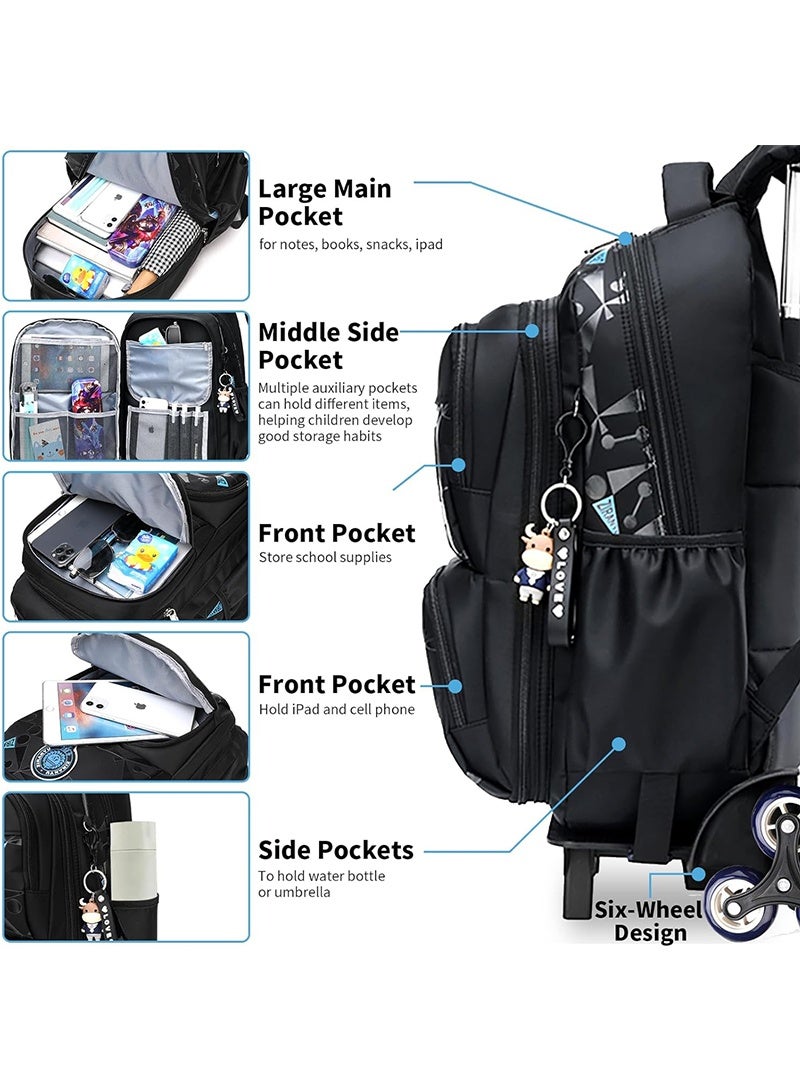 Yoawllty Trolley School Bag for Boys, Rolling School Backpack With 6 Wheels, Side-Opening Waterproof School Bag For 15.6inch Laptop, School and Travel(Black)  - Image 4