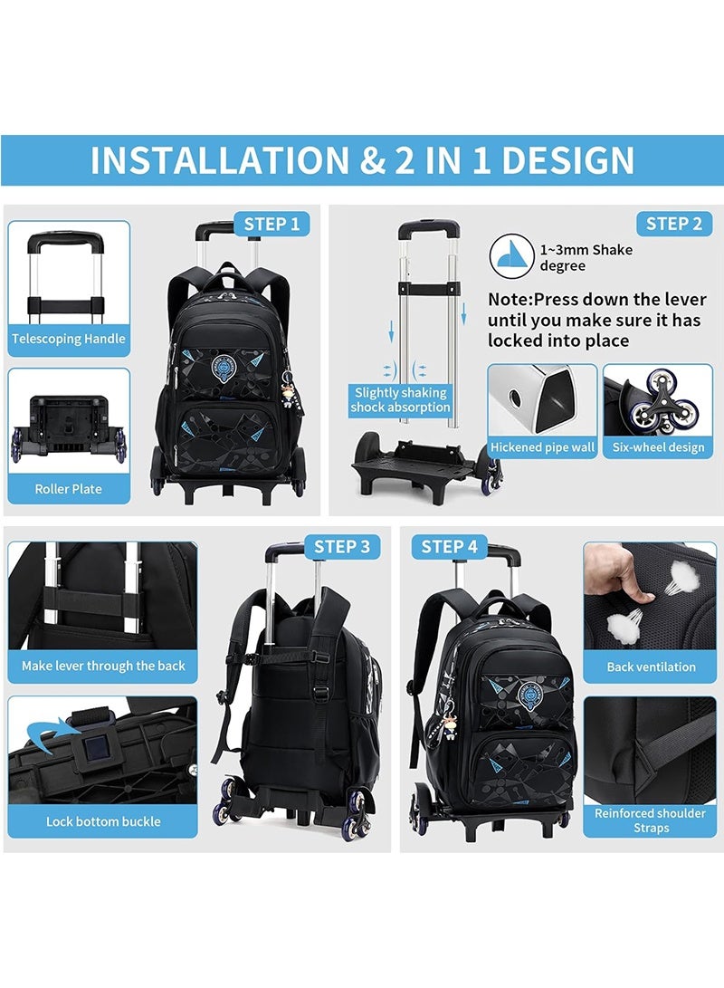 Trolley School Bag for Boys, Rolling School Backpack With 6 Wheels, Side-Opening Waterproof School Bag For 15.6inch Laptop, School and Travel(Black)