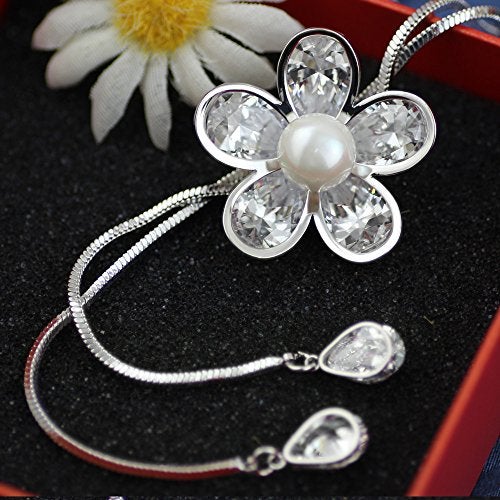Merdia Flower Shape Created Crystal and Simulated Pearl Pendant Long Chain Sweater Necklace for Women - Image 2