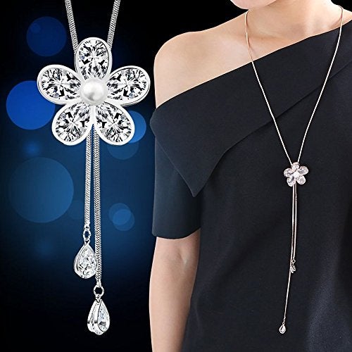 Merdia Flower Shape Created Crystal and Simulated Pearl Pendant Long Chain Sweater Necklace for Women - Image 5