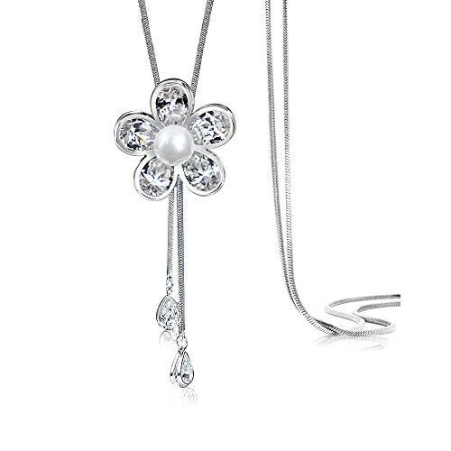 Merdia Flower Shape Created Crystal and Simulated Pearl Pendant Long Chain Sweater Necklace for Women - Image 1