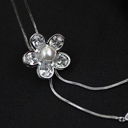 Merdia Flower Shape Created Crystal and Simulated Pearl Pendant Long Chain Sweater Necklace for Women - Image 3