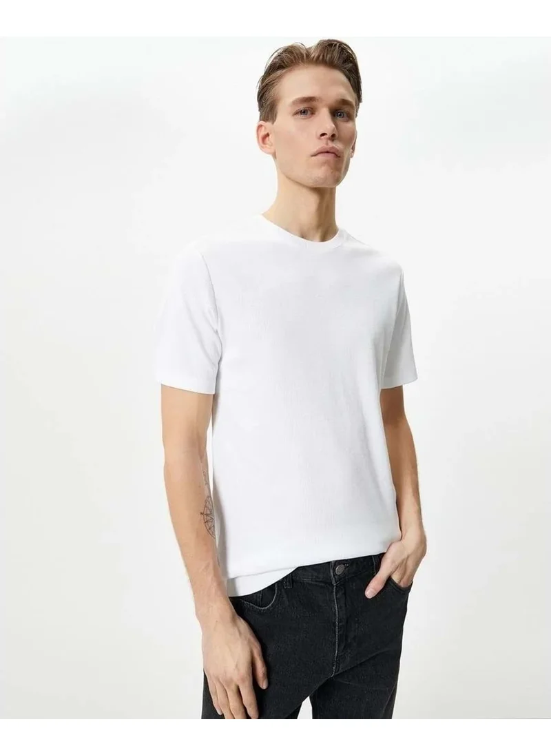 كوتون Corded T-Shirt Textured Crew Neck Short Sleeve Cotton - - 4SAM10272HK - White - Xxl