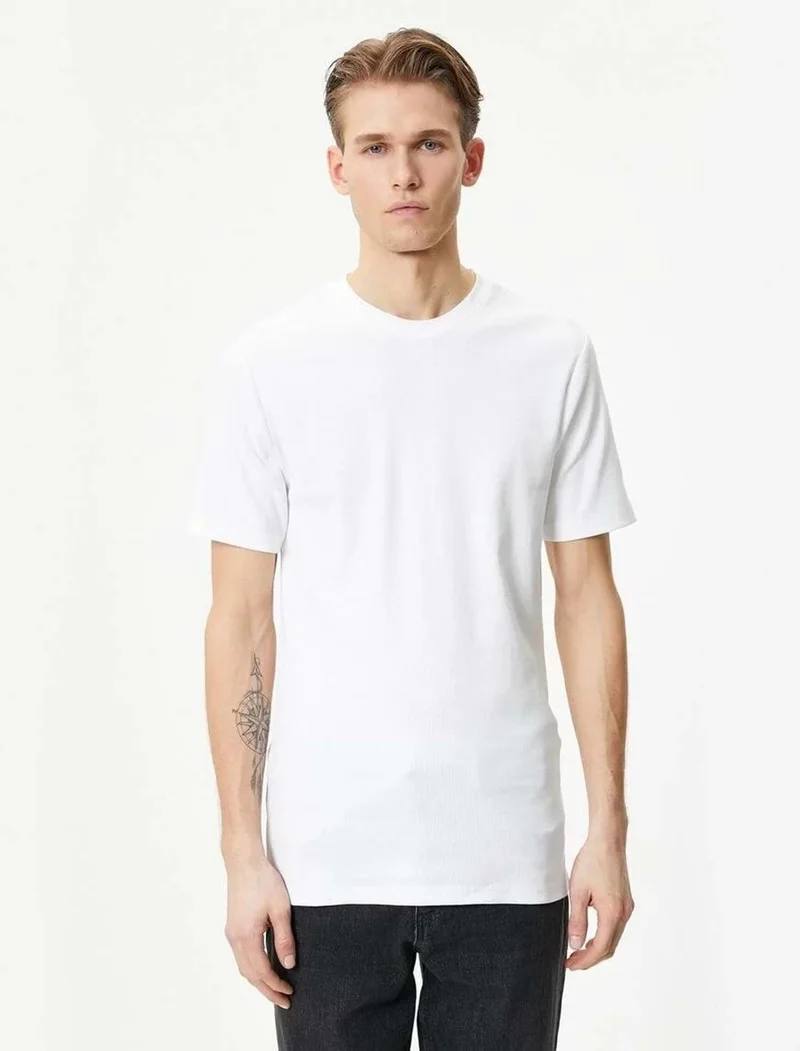 كوتون Corded T-Shirt Textured Crew Neck Short Sleeve Cotton - - 4SAM10272HK - White - Xxl