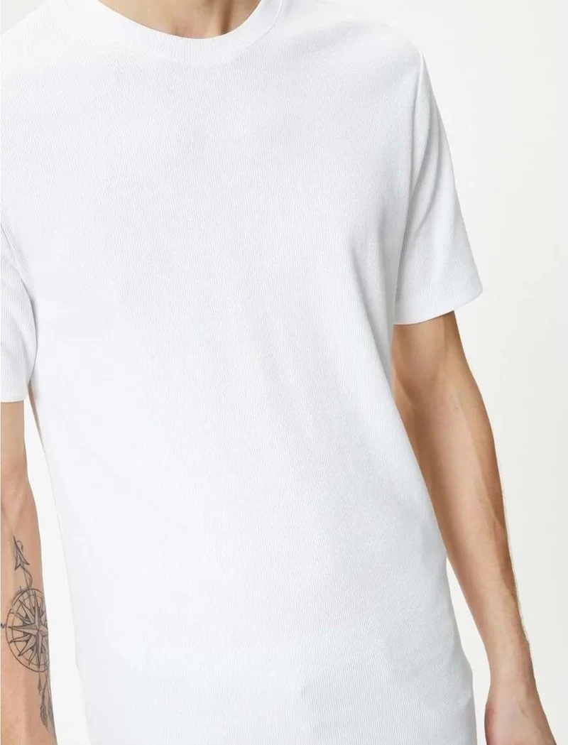 كوتون Corded T-Shirt Textured Crew Neck Short Sleeve Cotton - - 4SAM10272HK - White - Xxl