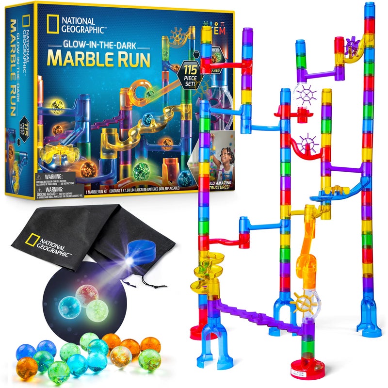 Blue Marble National Geographic Glowing Marble Run â€“ 115 Piece Construction Set with 25 Glow in The Dark Glass Marbles, Storage Bag, Great Creative STEM Toy for Girls and Boys - Image 1