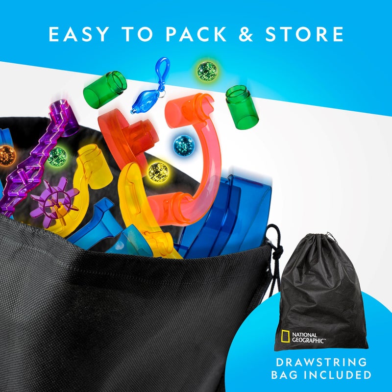 Blue Marble National Geographic Glowing Marble Run â€“ 115 Piece Construction Set with 25 Glow in The Dark Glass Marbles, Storage Bag, Great Creative STEM Toy for Girls and Boys - Image 2