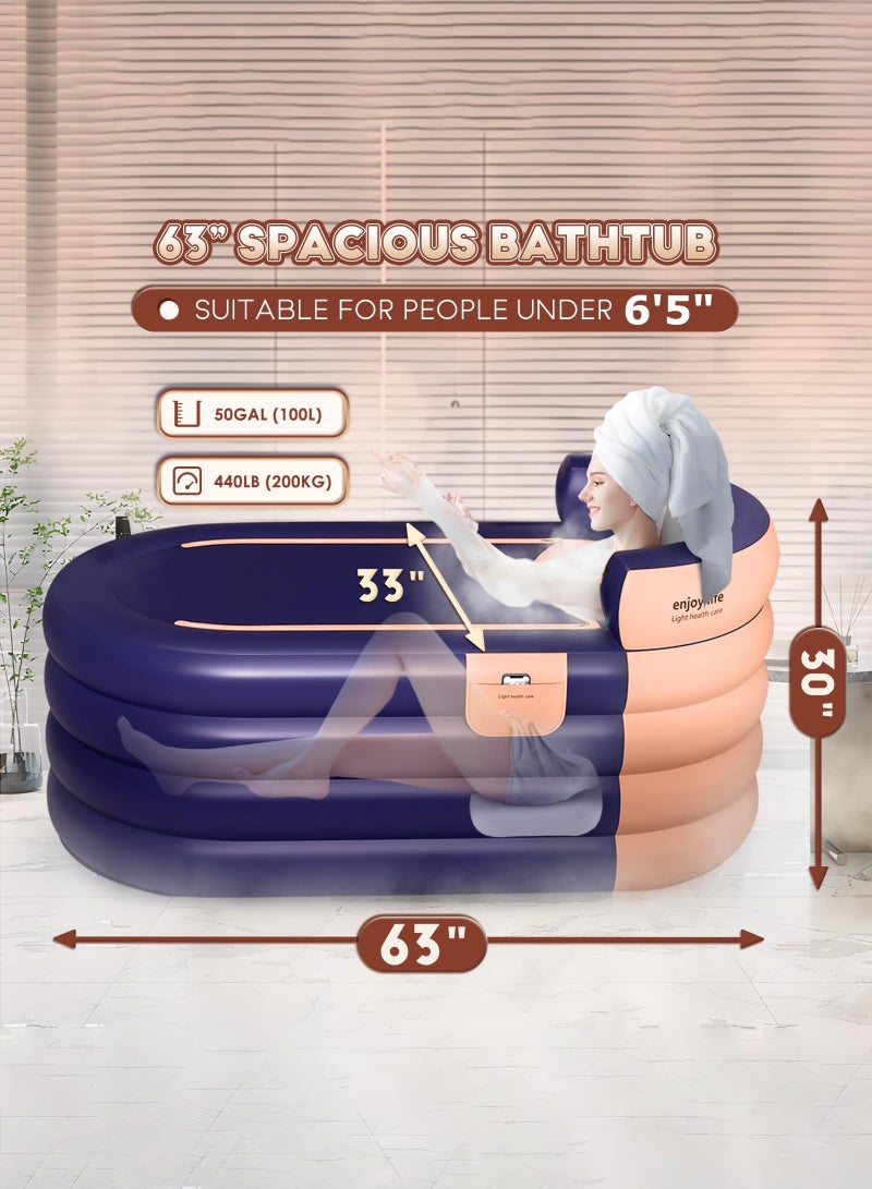 Arabest Inflatable Bathtub Adult 63'' Portable Blow Up Bath Tubs with Cordless Air Pump, Ideal for Hot Ice Bath, Quick Drain Design with 9'10'' Long Hose, Phone Pocket, Water Cushion (Orange) - Image 2