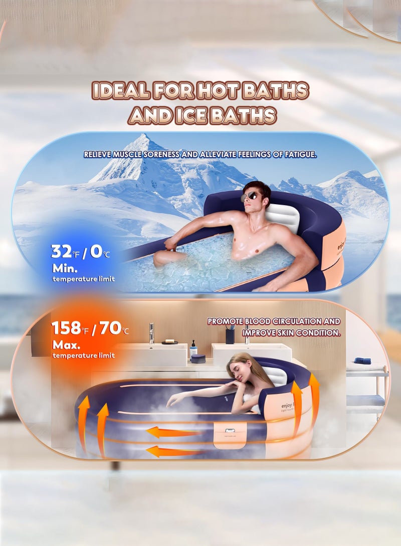 Arabest Inflatable Bathtub Adult 63'' Portable Blow Up Bath Tubs with Cordless Air Pump, Ideal for Hot Ice Bath, Quick Drain Design with 9'10'' Long Hose, Phone Pocket, Water Cushion (Orange) - Image 4