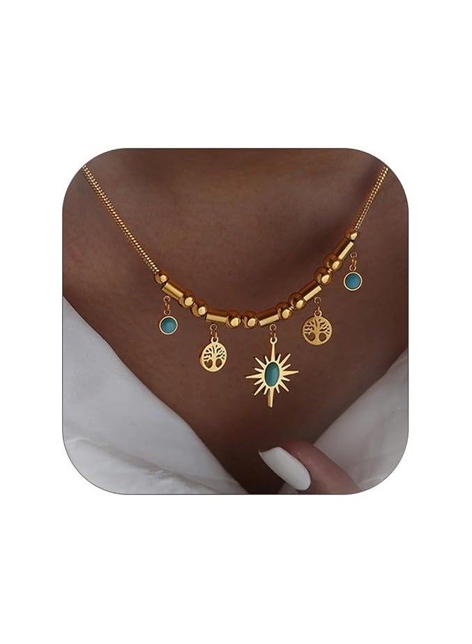 Radwa Azam Gold Charm Necklace for Women Adjustable Choker Turquoise Pendant Necklace Sun Tree of Life Pendant Necklace Chunky Beaded Chain Boho Western Jewelry Gift  - Image 1