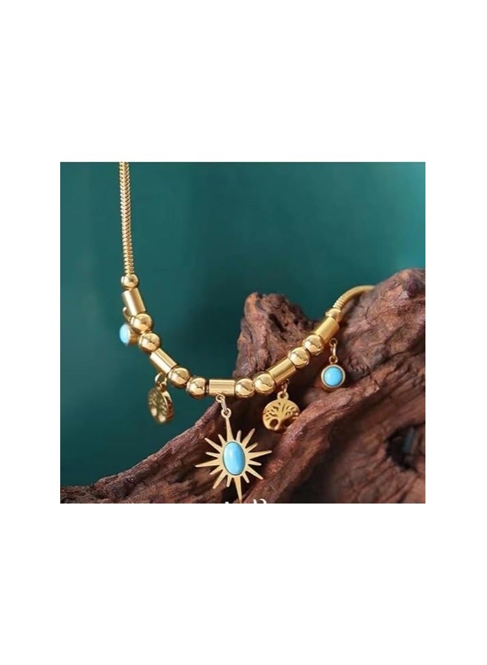 Radwa Azam Gold Charm Necklace for Women Adjustable Choker Turquoise Pendant Necklace Sun Tree of Life Pendant Necklace Chunky Beaded Chain Boho Western Jewelry Gift  - Image 2