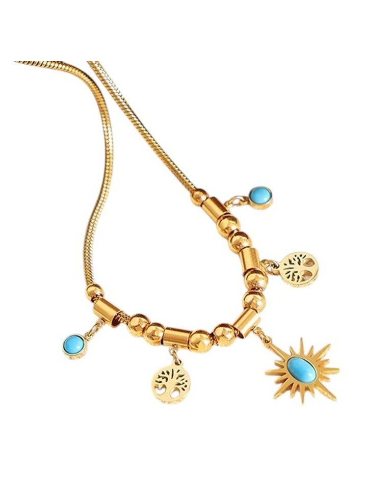 Radwa Azam Gold Charm Necklace for Women Adjustable Choker Turquoise Pendant Necklace Sun Tree of Life Pendant Necklace Chunky Beaded Chain Boho Western Jewelry Gift  - Image 3