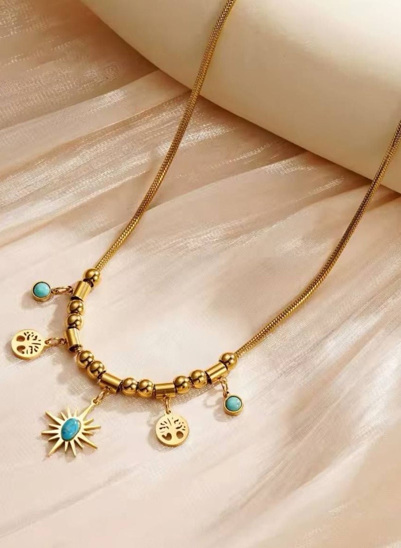 Radwa Azam Gold Charm Necklace for Women Adjustable Choker Turquoise Pendant Necklace Sun Tree of Life Pendant Necklace Chunky Beaded Chain Boho Western Jewelry Gift  - Image 4