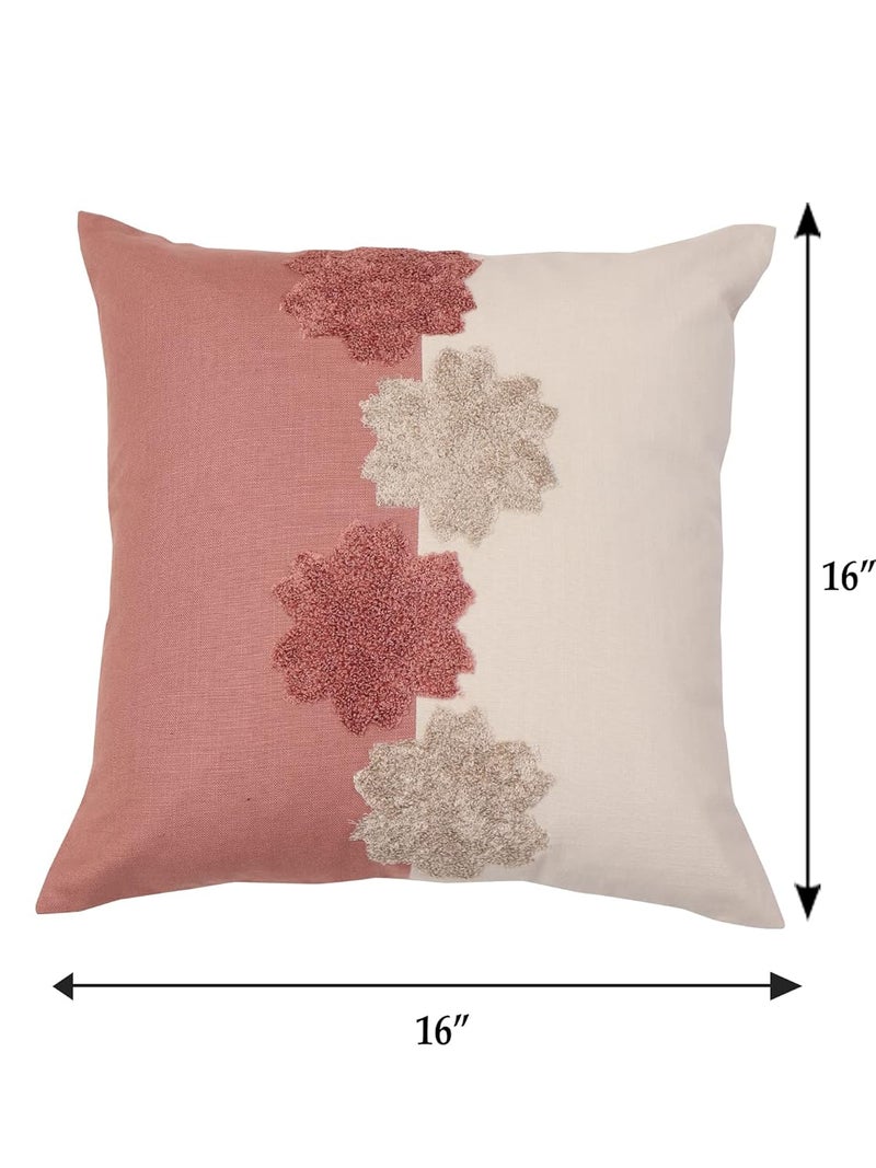 ZEBA World Cushion Cover Cotton Blend Floral Aari Embroidery with Patchwork Dark Coral - 16inches X 16inches - Image 2