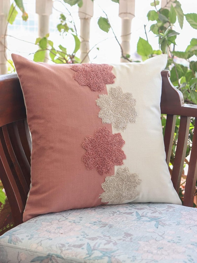 ZEBA World Cushion Cover Cotton Blend Floral Aari Embroidery with Patchwork Dark Coral - 16inches X 16inches - Image 1
