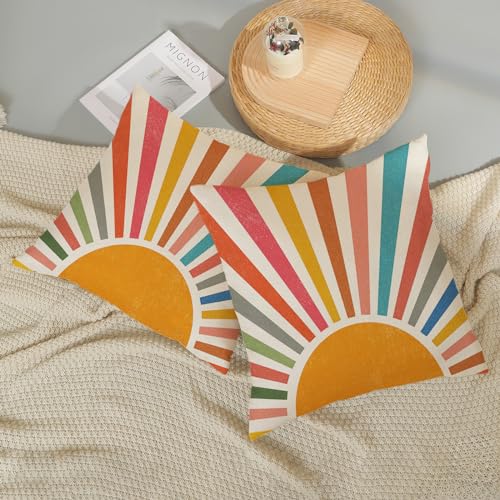 JEFERSO Summer Pillow Covers 18x18 Set of 2 Colorful Stripes Yellow Sunshine Decorations Outdoor Throw Pillows Boho Rainbow Sun Pillowcase Linen Decor Modern Farmhouse Cushion Case for Home Bedroom - Image 5