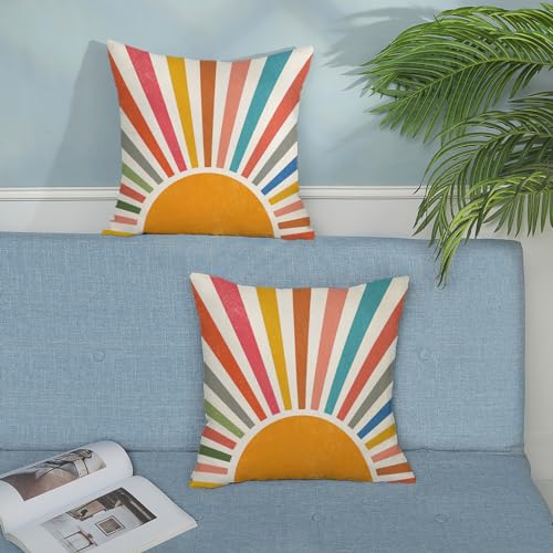 JEFERSO Summer Pillow Covers 18x18 Set of 2 Colorful Stripes Yellow Sunshine Decorations Outdoor Throw Pillows Boho Rainbow Sun Pillowcase Linen Decor Modern Farmhouse Cushion Case for Home Bedroom - Image 3
