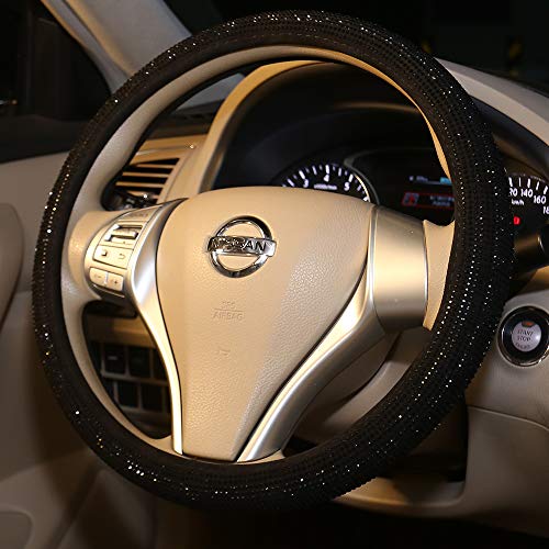 CARWALES غطاء عجلة القيادة المتلألئ للنساء والفتيات باللون الأسود مع كريستالات الراينستون - ملحقات السيارة 15 بوصة عالمي - Image 4
