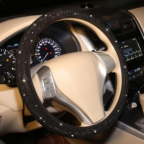 CARWALES غطاء عجلة القيادة المتلألئ للنساء والفتيات باللون الأسود مع كريستالات الراينستون - ملحقات السيارة 15 بوصة عالمي - Image 1