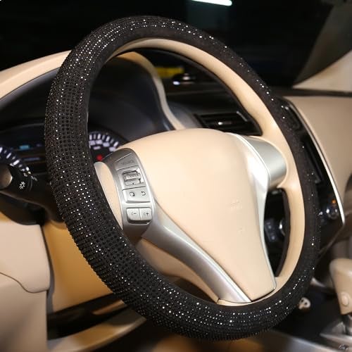 CARWALES غطاء عجلة القيادة المتلألئ للنساء والفتيات باللون الأسود مع كريستالات الراينستون - ملحقات السيارة 15 بوصة عالمي - Image 2