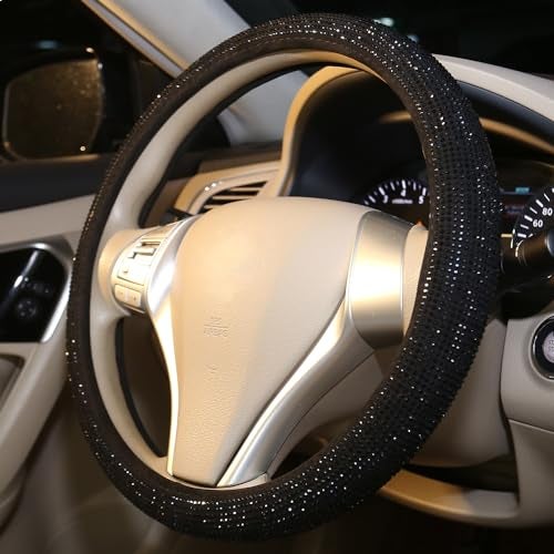 CARWALES غطاء عجلة القيادة المتلألئ للنساء والفتيات باللون الأسود مع كريستالات الراينستون - ملحقات السيارة 15 بوصة عالمي - Image 3