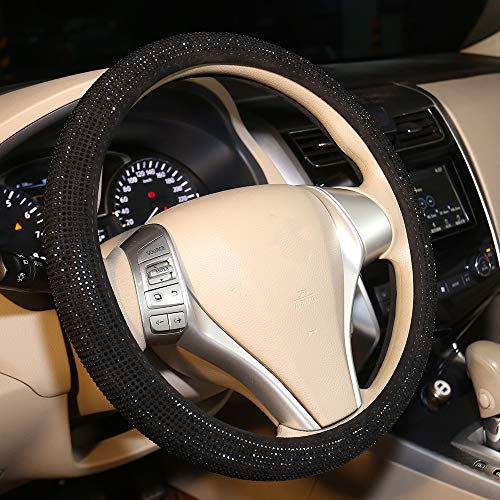 CARWALES غطاء عجلة القيادة المتلألئ للنساء والفتيات باللون الأسود مع كريستالات الراينستون - ملحقات السيارة 15 بوصة عالمي - Image 5