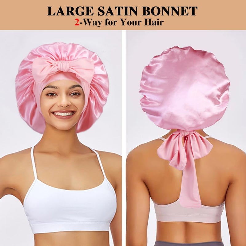 Heniho 2+3 Large Satin Bonnets with Scrunchies for Women, Hair Bonnet Sleeping Tie Bonnet for Braids Curly Hair, I - Image 3