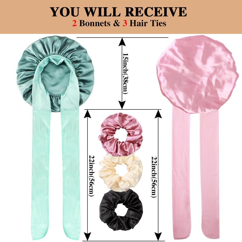 Heniho 2+3 Large Satin Bonnets with Scrunchies for Women, Hair Bonnet Sleeping Tie Bonnet for Braids Curly Hair, I - Image 2