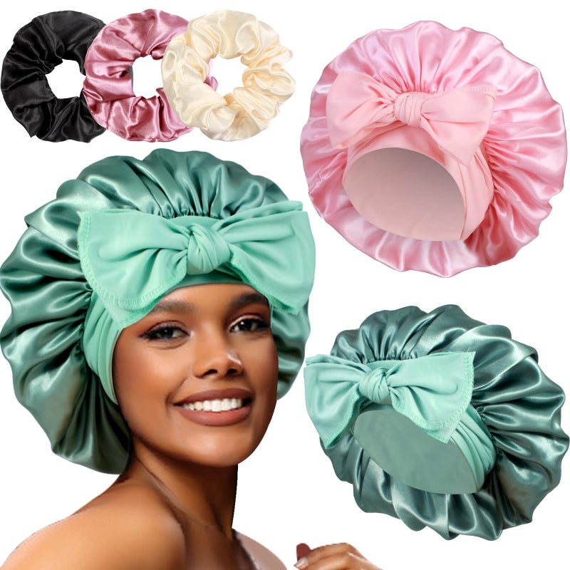Heniho 2+3 Large Satin Bonnets with Scrunchies for Women, Hair Bonnet Sleeping Tie Bonnet for Braids Curly Hair, I - Image 1