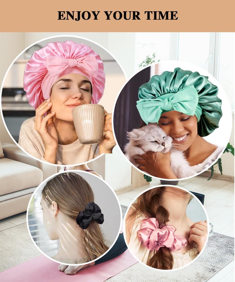 Heniho 2+3 Large Satin Bonnets with Scrunchies for Women, Hair Bonnet Sleeping Tie Bonnet for Braids Curly Hair, I - Image 5