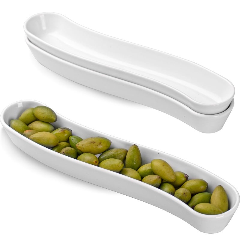 3Pack Olive PlatesVersatile Ceramic Olive Tray for Snacks Appetizers PlatterLong Arc Shape Boat Restaurantware for Entertaining and Displaying AppetizersDishwasher  Microwave Safe 12 inches