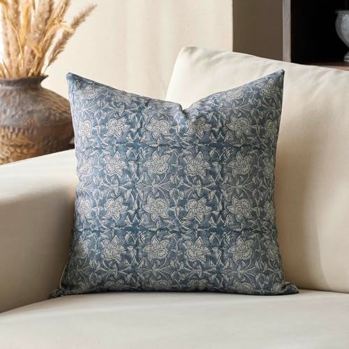 DOMVITUS Floral Pillow Covers 20x20 Throw Pillow Covers Block Print Vintage Decorative Neutral Pillow Cover for Couch Bed Living Room Dusty Blue 1PC - Image 1