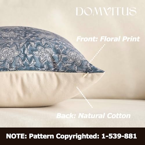 DOMVITUS Floral Pillow Covers 20x20 Throw Pillow Covers Block Print Vintage Decorative Neutral Pillow Cover for Couch Bed Living Room Dusty Blue 1PC - Image 2