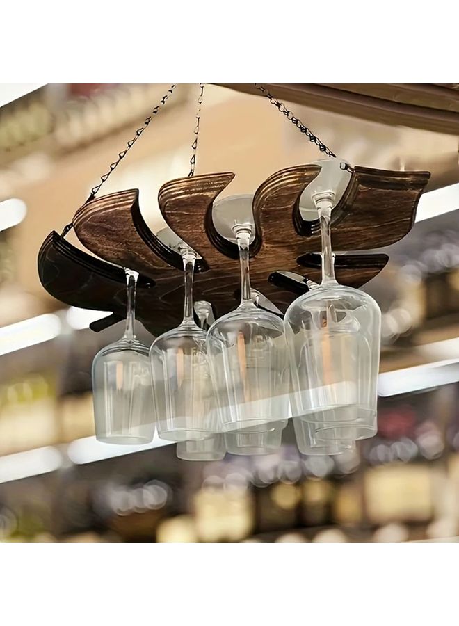 Rustic Wooden Wine Glass Holder Holds 6 Stemware Wall Mounted Metal Chain 1pc - Image 2