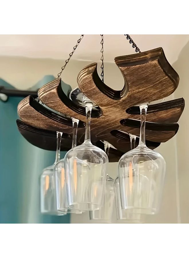 Rustic Wooden Wine Glass Holder Holds 6 Stemware Wall Mounted Metal Chain 1pc - Image 5
