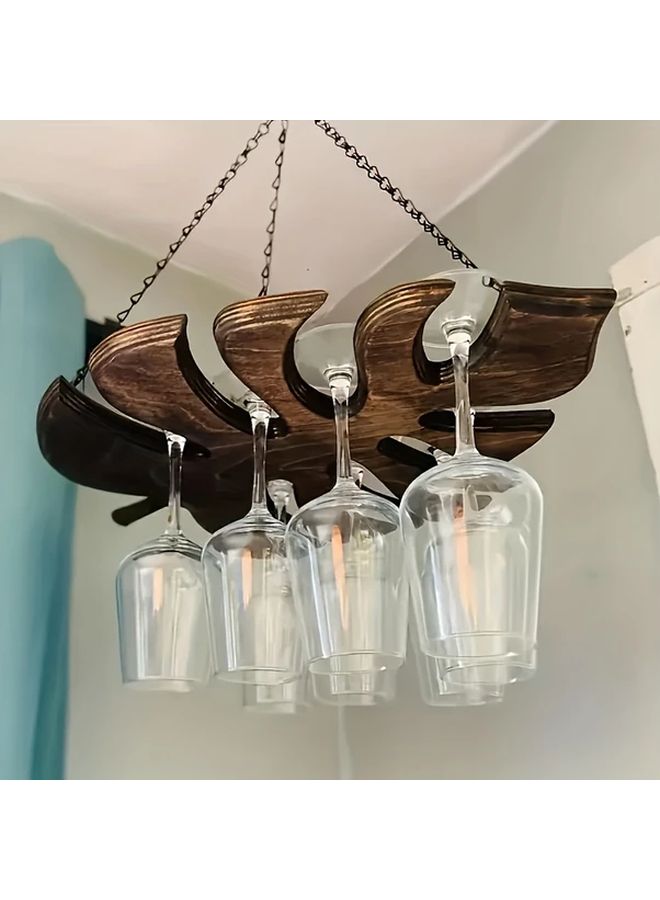 Rustic Wooden Wine Glass Holder Holds 6 Stemware Wall Mounted Metal Chain 1pc - Image 4