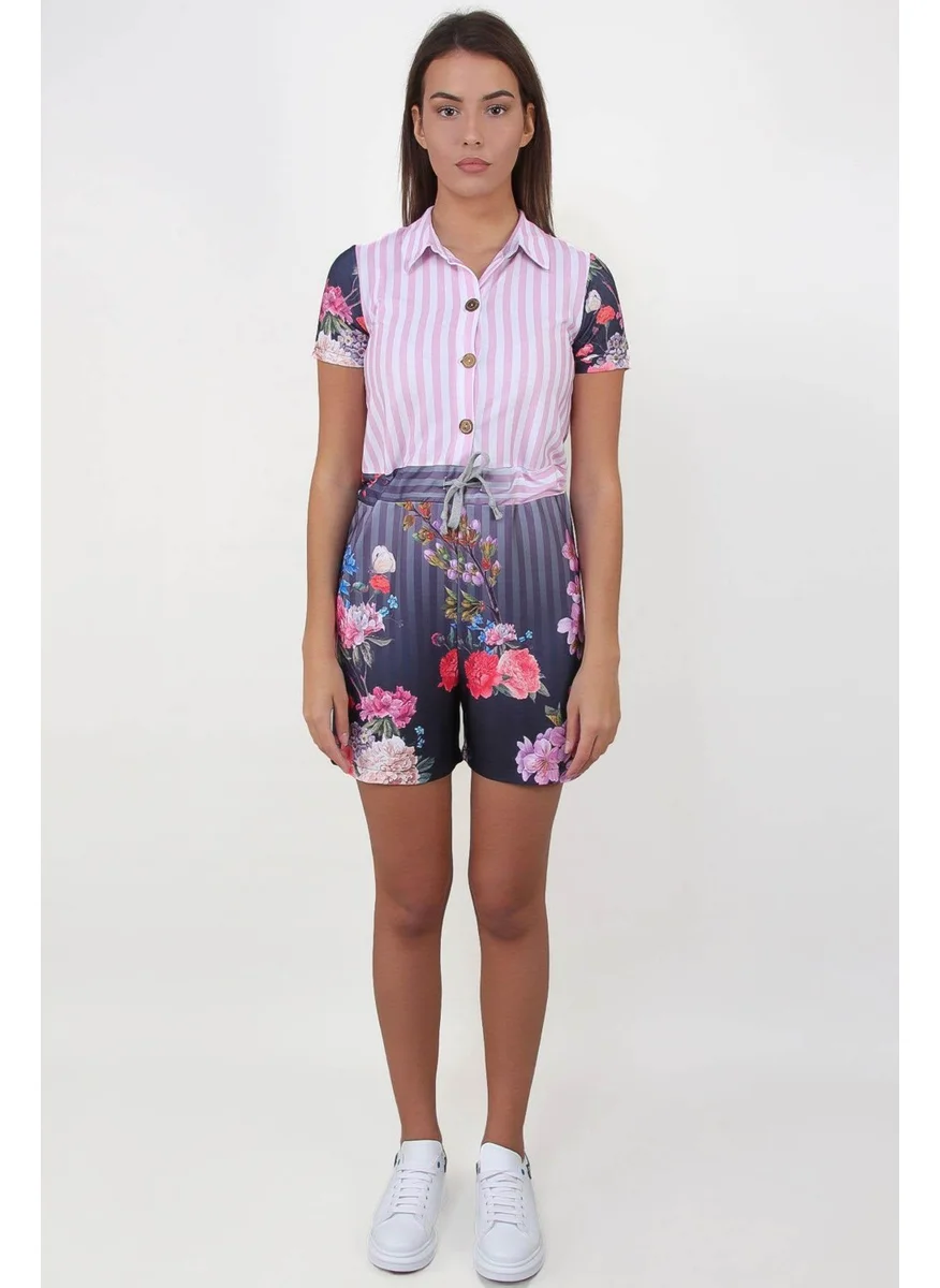 Alexandergardi Alexandergardı Floral Patterned Shirt Collar Jumpsuit (B19-1510)