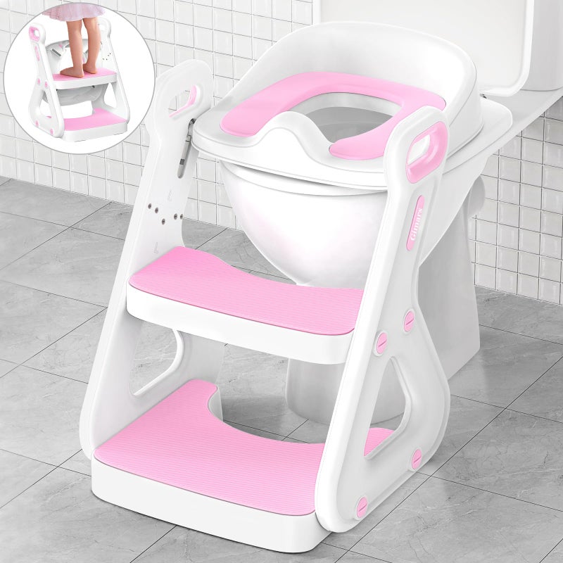 Gimars Upgrade UltraStable 2 In 1 Multifunctional Toddler Potty Seat For Toilet with Setp Stool Potty Traning Toilet For Boys Girls With Widened LadderComfortable Safe Potty Seat With HandrailPink