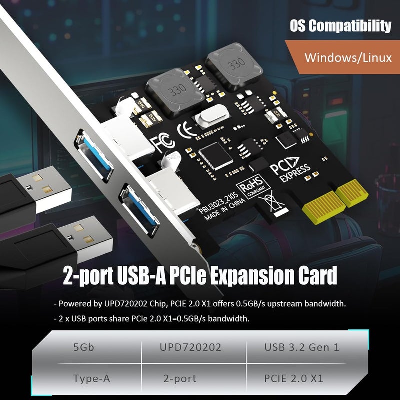 GLOTREND U3023 بطاقة توسعة USB PCIe 5Gb ذات منفذين Type-A (USB 3.2 Gen 1 بسرعة 5 جيجابت في الثانية)، متوافقة مع نظامي التشغيل ويندوز ولينكس (لا تدعم نظام التشغيل Mac OS) - Image 3