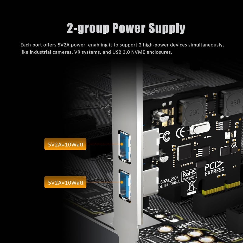 GLOTREND U3023 بطاقة توسعة USB PCIe 5Gb ذات منفذين Type-A (USB 3.2 Gen 1 بسرعة 5 جيجابت في الثانية)، متوافقة مع نظامي التشغيل ويندوز ولينكس (لا تدعم نظام التشغيل Mac OS) - Image 5
