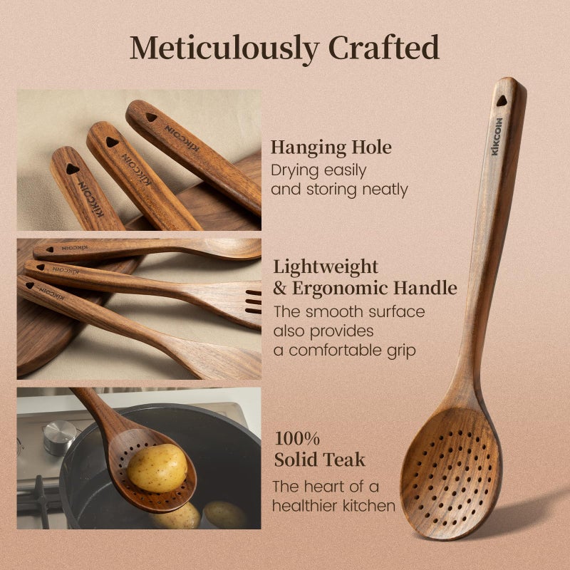 Kikcoin Wood Kitchen Utensils Set, 10 PCS Solid Teak Wooden Spoons for Cooking with Long Handle Heat-Resistant Wooden Cooking Utensils Set for Non-stick Cookware Including Hanging Hole - Image 5