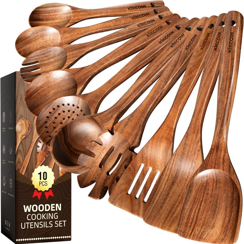 Kikcoin Wood Kitchen Utensils Set, 10 PCS Solid Teak Wooden Spoons for Cooking with Long Handle Heat-Resistant Wooden Cooking Utensils Set for Non-stick Cookware Including Hanging Hole - Image 1
