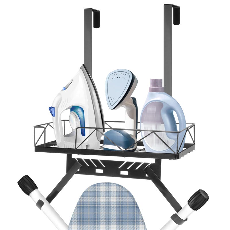 Siyzda Ironing Board Hanger Metal Over The Door or Wall Mounted Ironing Board Caddy Ironing Board Storage Shelf with Adjustable Hooks for Laundry Room Living Room Bathroom Matte Black