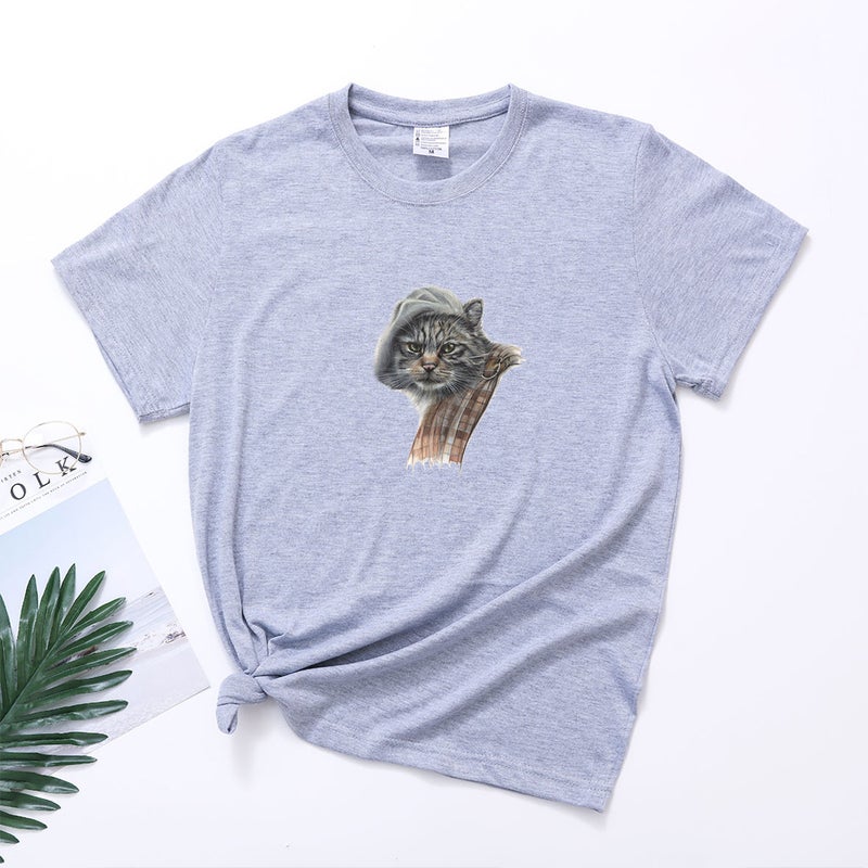 temu new forces supply spot cat head retro round neck T-shirt - Image 1