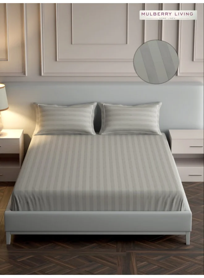 MULBERRY LIVING 100% Cotton - 300Tc Elysian Stripes King Size (260X280  Cms) Flat Bedsheet With 2 Pillow Covers (50X75 Cm) - Silver Grey